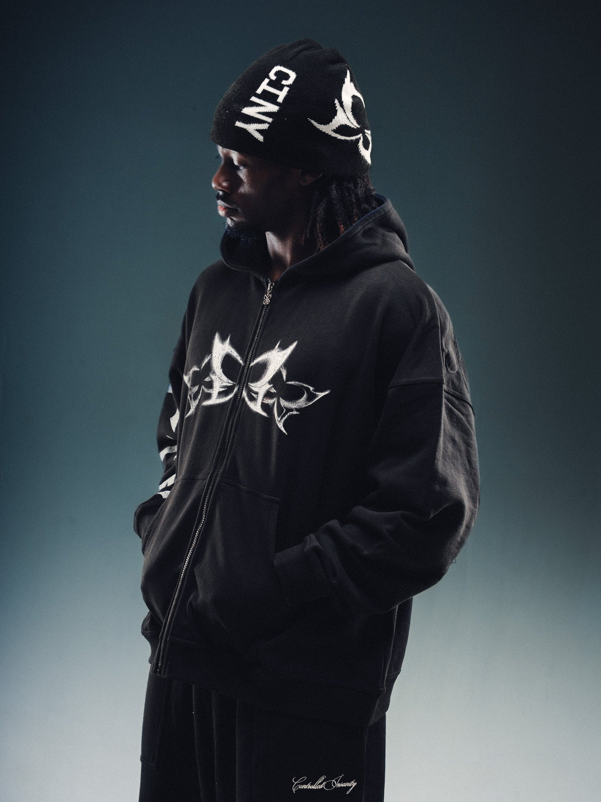 Butterfly Zip-Up - Black w/ White