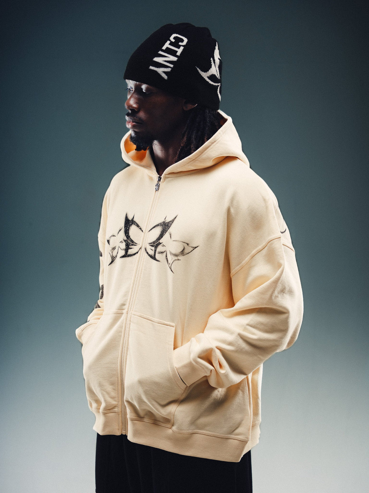 Butterfly Zip-Up - Beige w/ Black