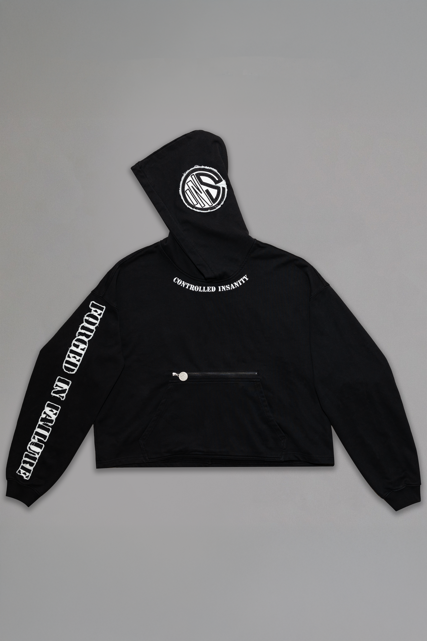 Black CI Patched Crop Hoodie