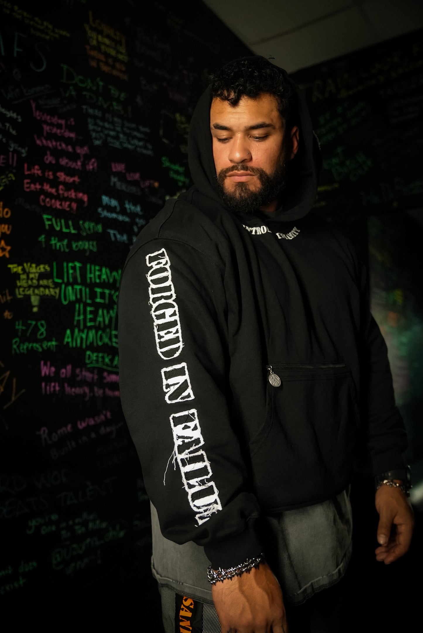 Black CI Patched Crop Hoodie