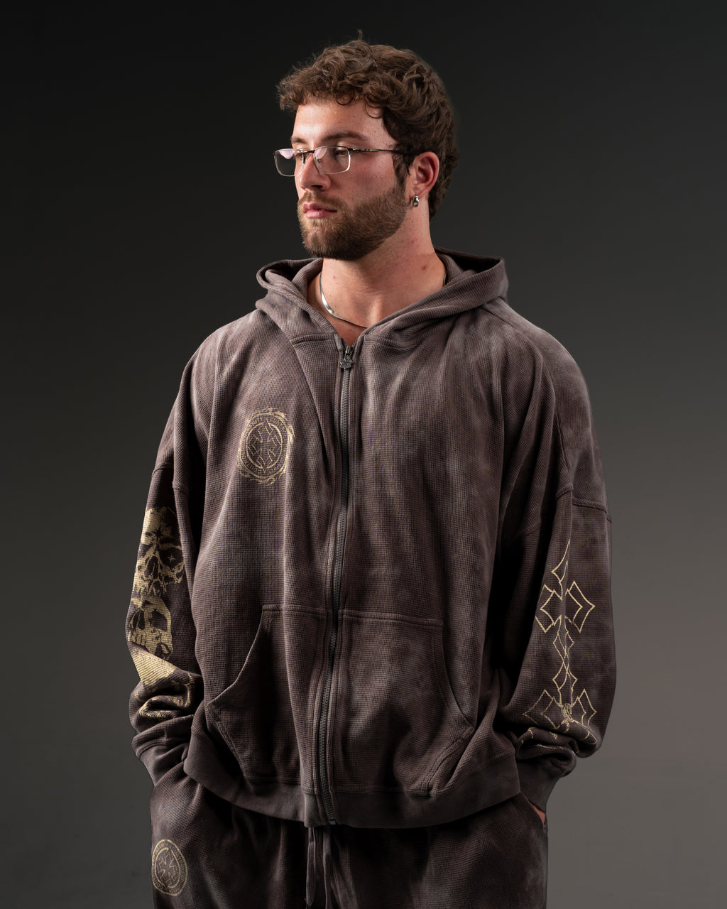Outlaw Waffleknit Zip Up - Grey W/ Beige