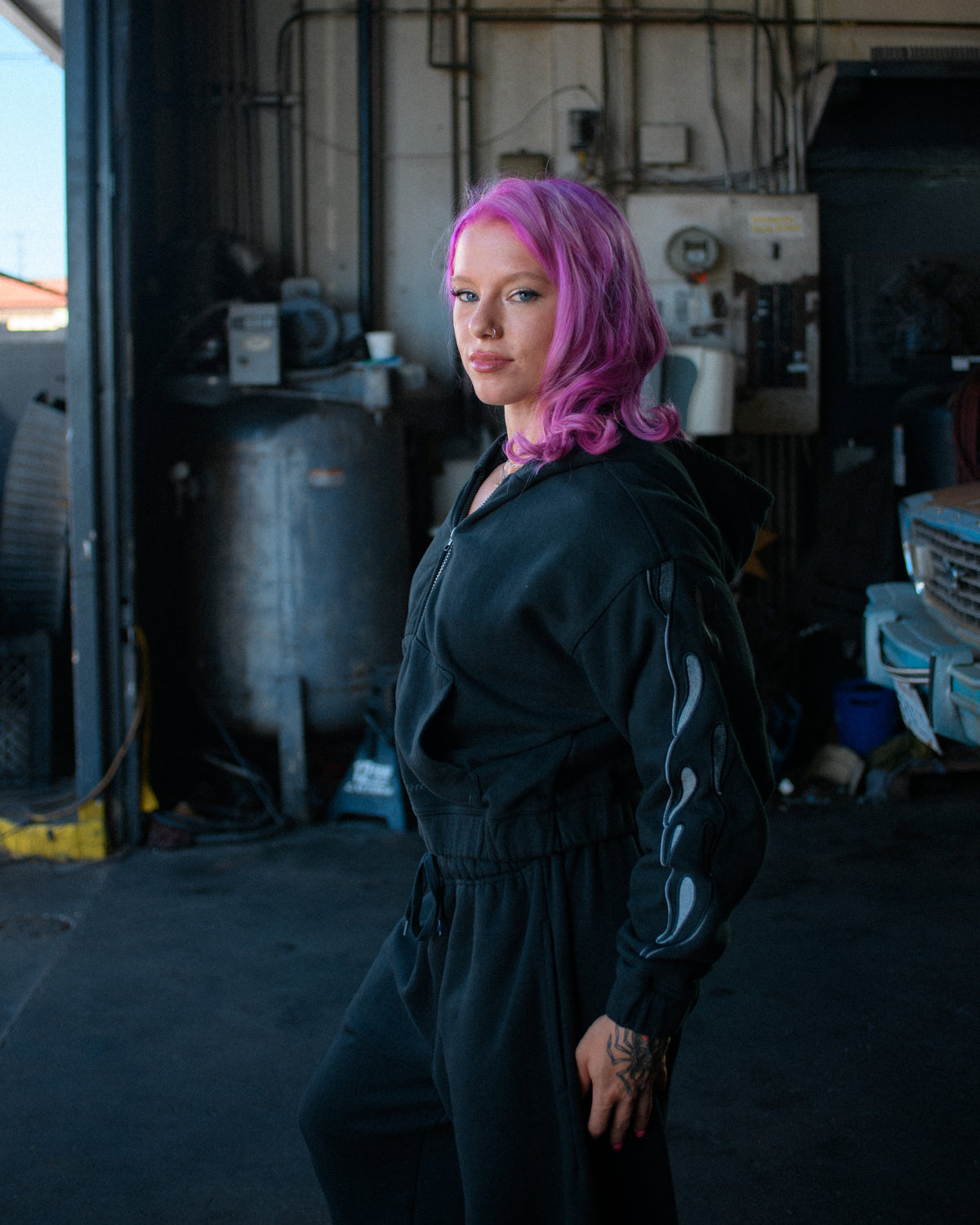 Flame Cropped Zip Up - Blackout