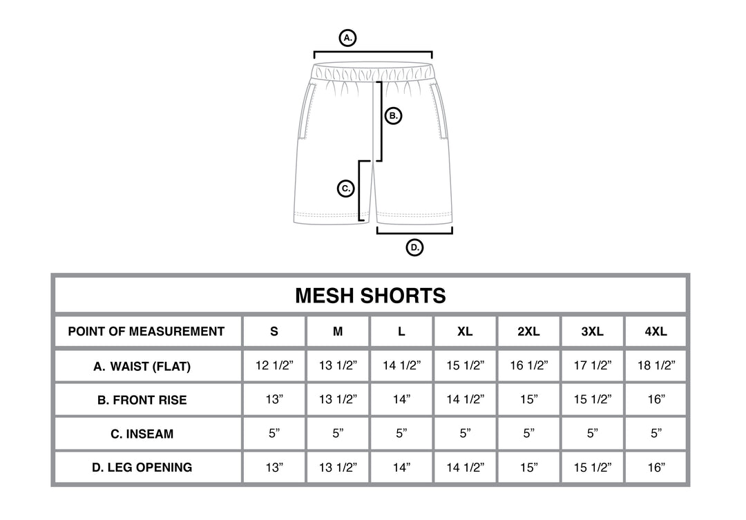 NY Mesh Shorts size chart